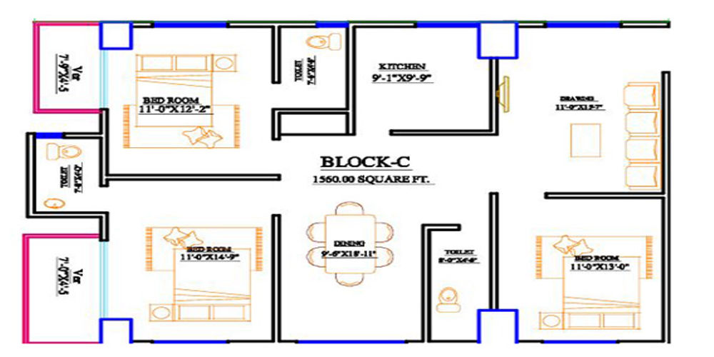 3 Bed 3rd Floor Block C 1390 SFT